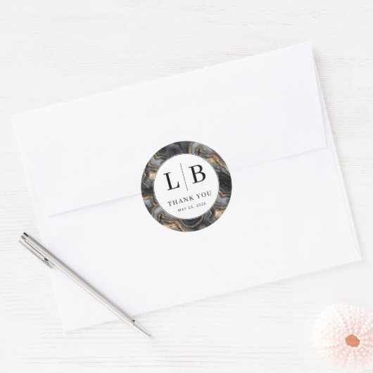 Sticker Rond Elegant Black Marble Initials (Enveloppe)