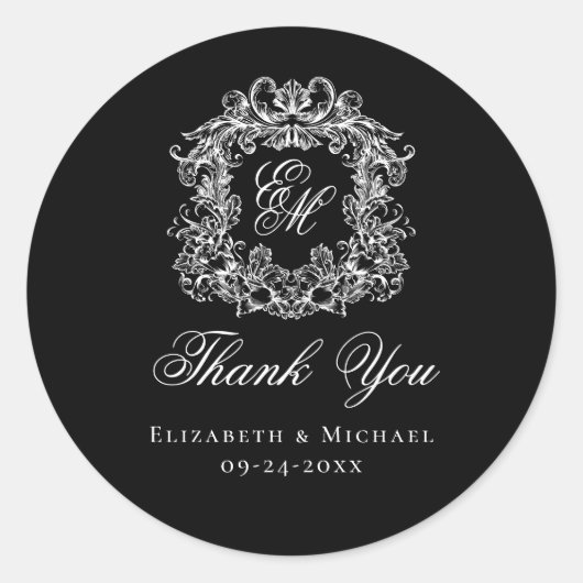 Sticker Rond Elegant Black Monogram Wedding Crest Thank You (Devant)
