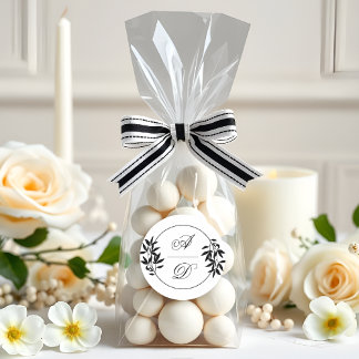 Sticker Rond Elegant black, white branch and initials wedding