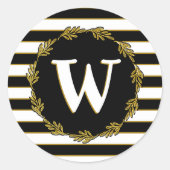 Sticker Rond Élégant Black White Gold Stripes Wreath Monogramme (Devant)