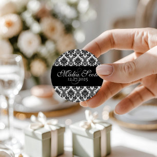 Sticker Rond Elégant Black White Mariage damassé Favoriser