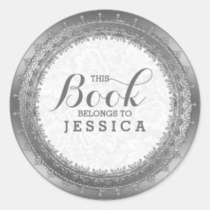 Sticker Rond Elégant blanc Damas et cadre en dentelle argent