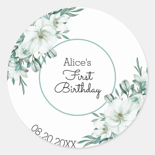 Sticker Rond Elégant blanc Magnolia Verdure Flora 1er anniversa (Devant)
