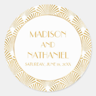 Sticker Rond Elégant Blanc Or Géométrique Mariage Art Déco