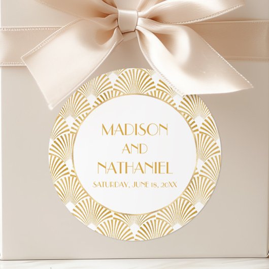 Sticker Rond Elégant Blanc Or Géométrique Mariage Art Déco