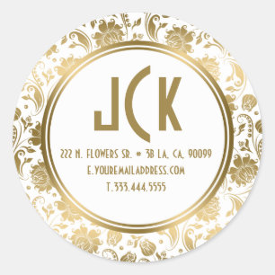 Sticker Rond Elégant blanc & or Motif de Damas Floral