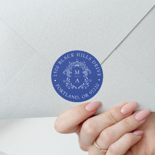 Sticker Rond Élégant blason bleu adresse de retour de mariage