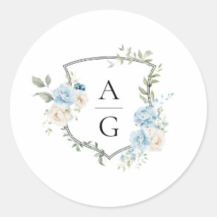 Sticker Rond Elégant bleu bleu bleu floral Monogram Crest Maria
