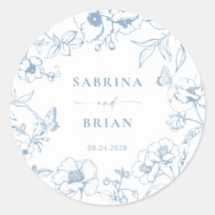 Sticker Rond Elégant bleu bleu classique Mariage floral