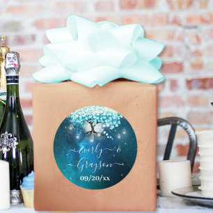 Sticker Rond Elégant Bleu Coeur Feuille Arbre Mariage ENREGISTR