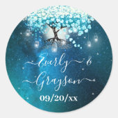 Sticker Rond Elégant Bleu Coeur Feuille Arbre Mariage ENREGISTR (Devant)