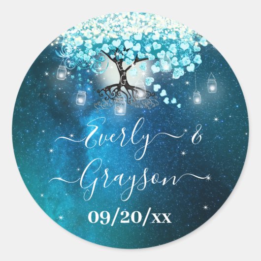 Sticker Rond Elégant Bleu Coeur Feuille Arbre Mariage ENREGISTR (Devant)