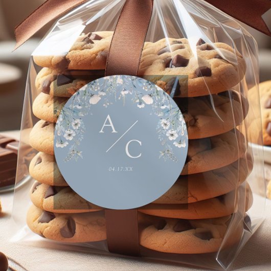 Sticker Rond Elégant bleu Dusty Fleurs Floral Mariage