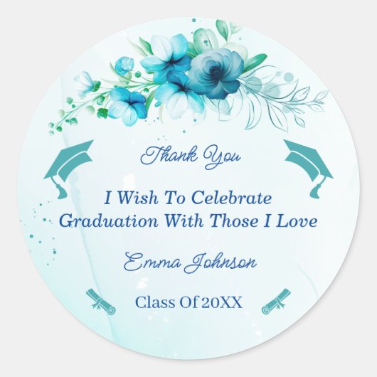 Sticker Rond Élégant Bleu Fleur Graduation Customisée (Devant)