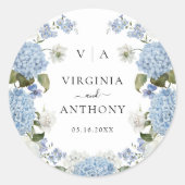 Sticker Rond Elégant bleu Hydrangea Roses blanches Mariage flor (Devant)