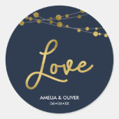 Sticker Rond Elégant Bleu Lumières Faux Or Mariage Love (Devant)