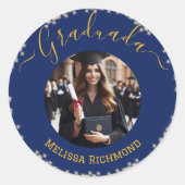 Sticker Rond Elégant Bleu Photo Espagnol Diplômé (Devant)