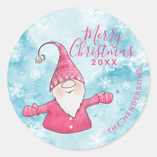 Sticker Rond Elégant bleu rose Gnome Personnalisé Joyeux Noël (Devant)
