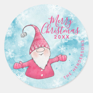 Sticker Rond Elégant bleu rose Gnome Personnalisé Joyeux Noël