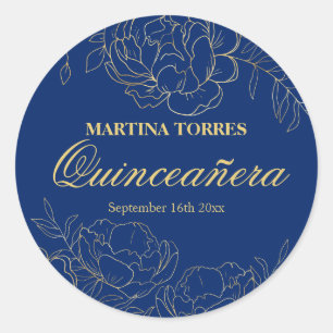 Sticker Rond Élégant Bleu Royal Floral Quinceanera