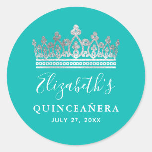 Sticker Rond Élégant bleu Turquoise bleu argenté Nom de la Quin