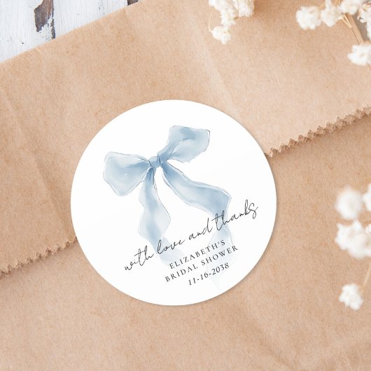 Sticker Rond Elegant Blue Bow Bridal Shower Thank You
