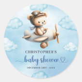 Sticker Rond Elegant Blue Brown Teddy Bear Pilot Boy Baby Showe (Devant)