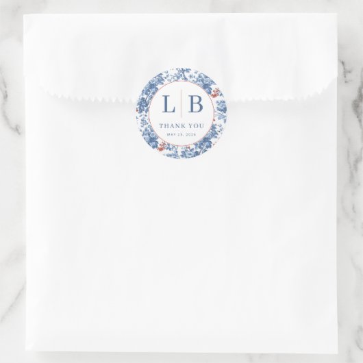 Sticker Rond Elegant Blue Floral Initials (Sac)