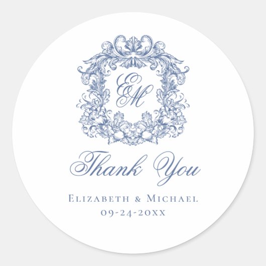 Sticker Rond Elegant Blue Monogram Wedding Crest Thank You (Devant)