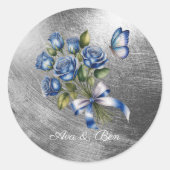 Sticker Rond Elegant Blue Roses and Butterfly Silver Wedding (Devant)