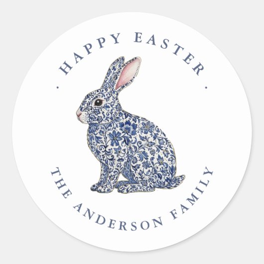 Sticker Rond Elegant Blue & White Bunny Happy Easter Label  (Devant)
