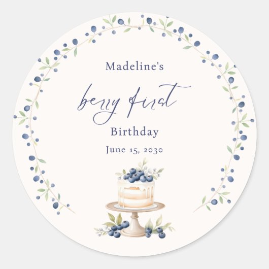 Sticker Rond Elegant Blueberry Berry First Birthday (Devant)