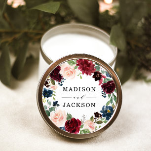 Sticker Rond Élégant Blush Burgundy Navy Mariage floral