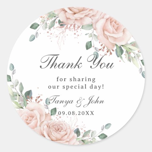 Sticker Rond Élégant Blush Floral Rose Gold Mariage (Devant)