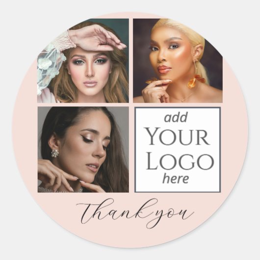 Sticker Rond Elegant Blush Pink Script 3 Photo Logo Makeup  (Devant)