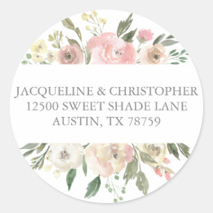 Sticker Rond Élégant Blush Rose Floral Mariage Adresse de retou