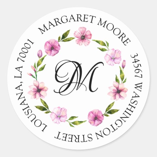Sticker Rond Élégant Blush rose floral Script Monogramme Adress (Devant)