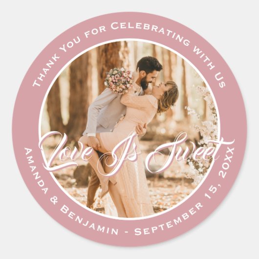 Sticker Rond Élégant Blush rose L'amour est doux Mariage Photo (Devant)
