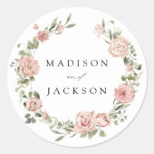 Sticker Rond Elégant Blush Roses et Mariage de verdure (Devant)