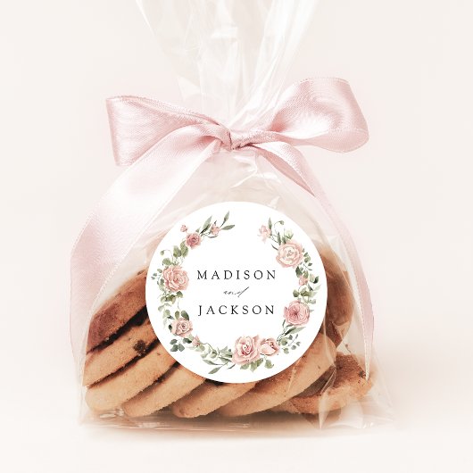 Sticker Rond Elégant Blush Roses et Mariage de verdure
