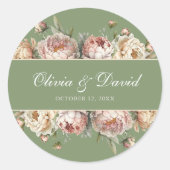 Sticker Rond Élégant Blush Sage Green Peonies Mariage (Devant)