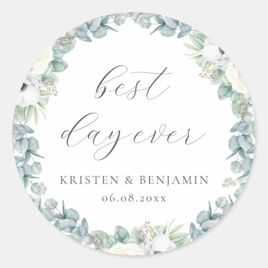 Sticker Rond Elégant Boho Blanc Floral Verdure Mariage Favorise (Devant)