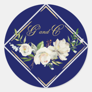 Sticker Rond Élégant Boho Blue Floral Mariage Monogramme