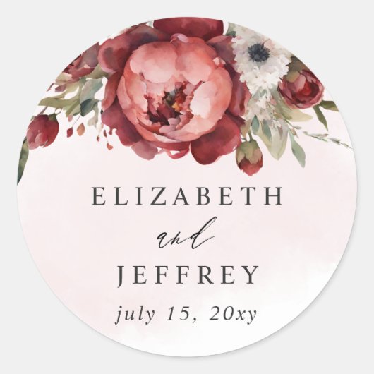 Sticker Rond Élégant Boho Bourgogne Blush Floral Mariage (Devant)
