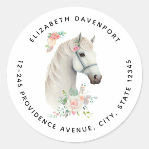 Sticker Rond Élégant Boho Cheval Blanc Adresse Florale