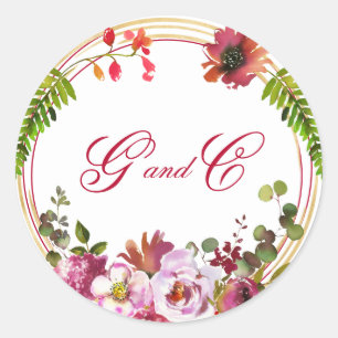 Sticker Rond Élégant Boho Coral Floral Monogram Mariage