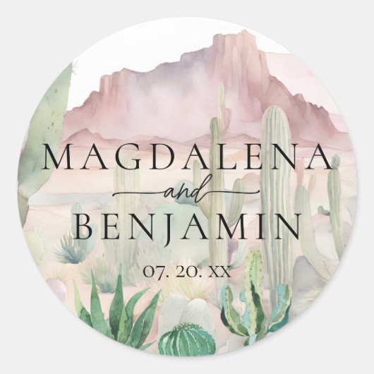 Sticker Rond Elégant Boho Desert Paysage Cactus Mariage (Devant)