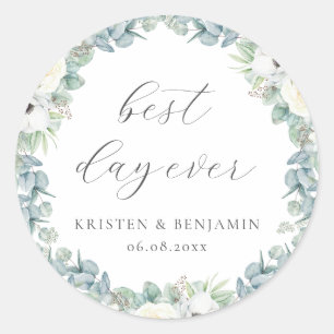 Sticker Rond Élégant Boho Faveur de Mariage Fleurs Blanches et