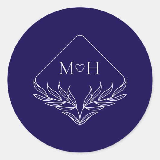 Sticker Rond Élégant Boho Leaf Monogramme Mariage bleu foncé (Devant)