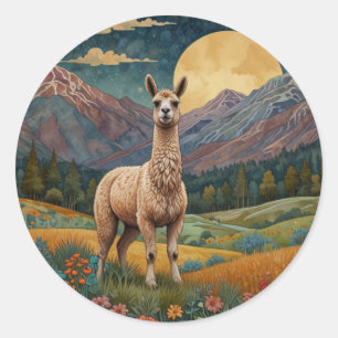 Sticker Rond Elégant boho llama alpaga paysage vintage